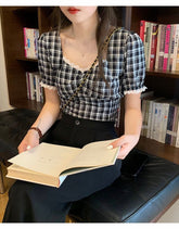 Square Collar Plaid Slim Shirt